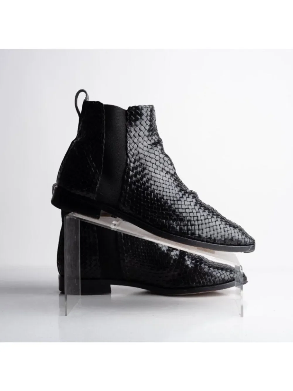 Charles Jourdan Vintage Ankle boots Mens Leather Woven Black Braided US 8 EU 42